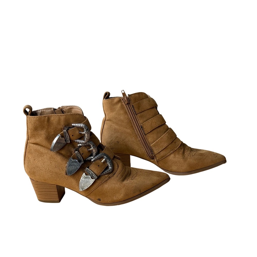 Forever 21 Womens Tan Faux Suede Triple Buckle Western Ankle‎ Boots Size 6
